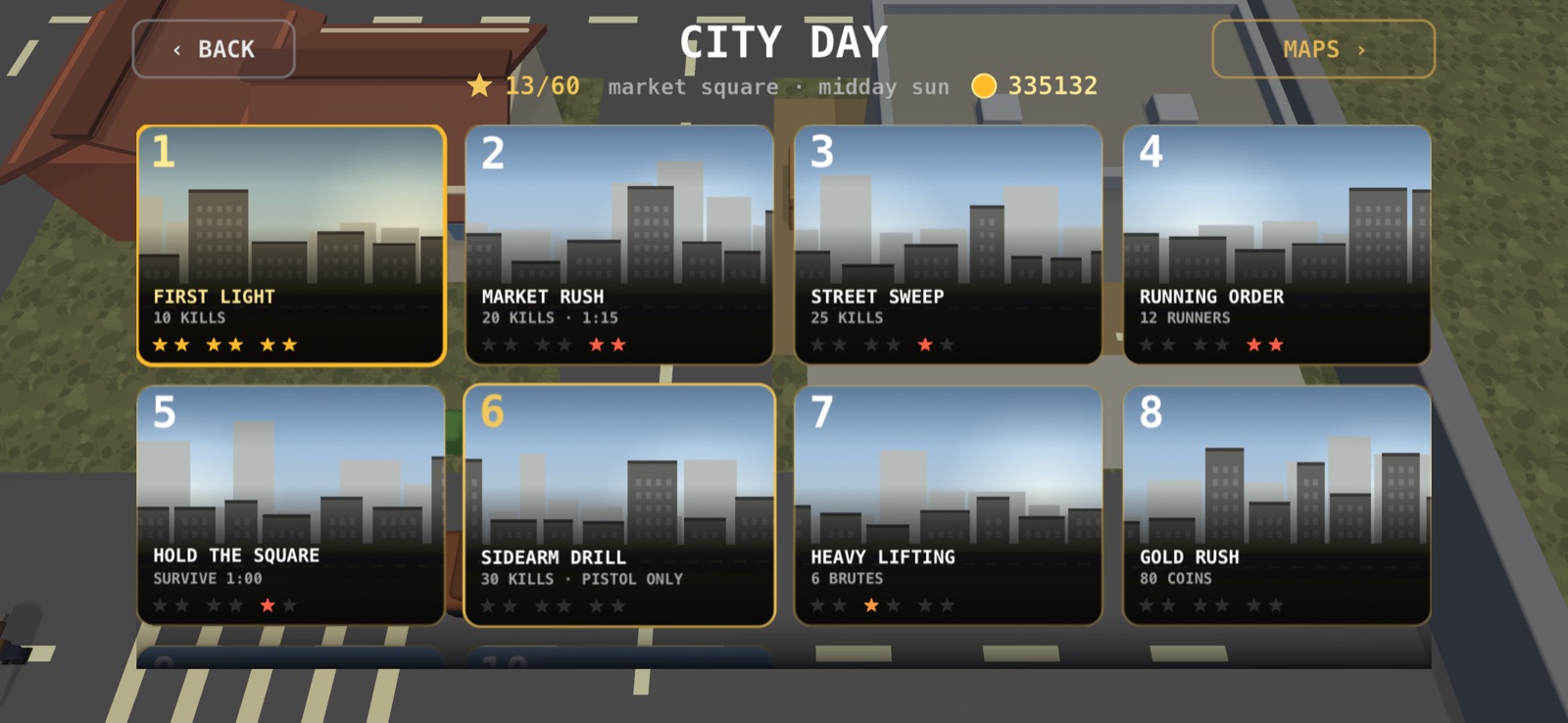 The level select, four cards across